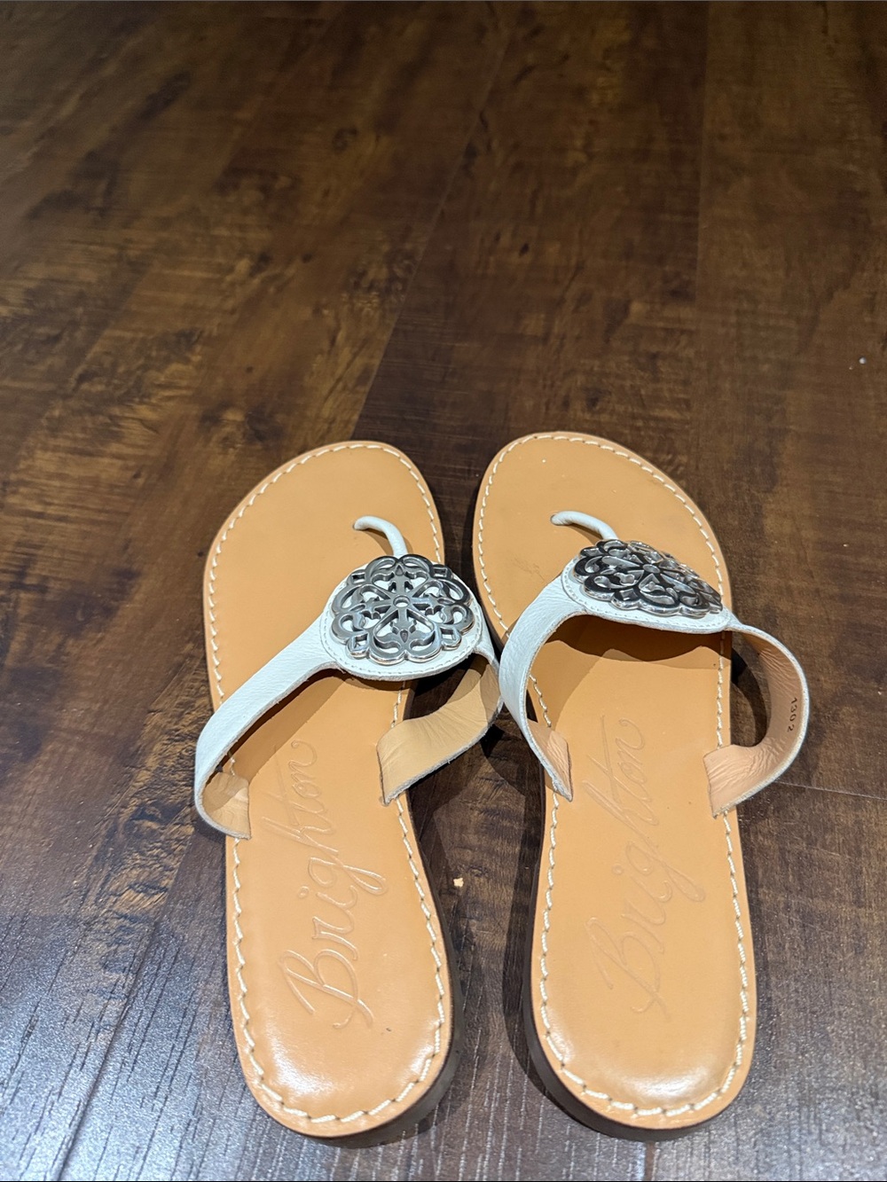 Brighton Cream Leather Thong Sandals with Silver Floral Medallions - Picture 3 of 3